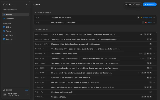 The queue on statuz.cloud: what needs attention, then every scheduled post