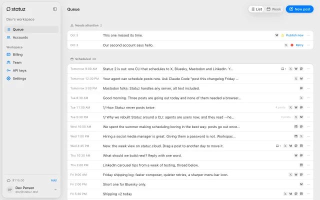 The queue on statuz.cloud: what needs attention, then every scheduled post
