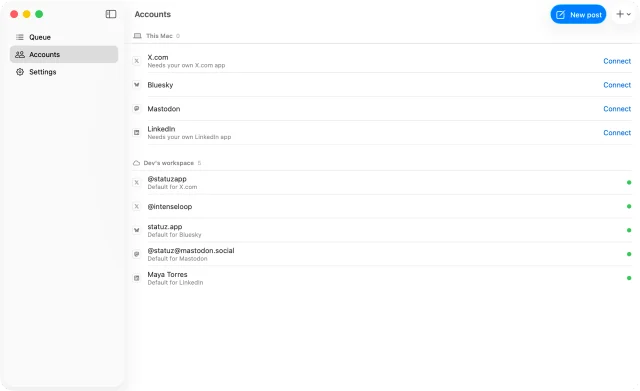 Accounts on this Mac and in a Statuz Cloud workspace, all connected
