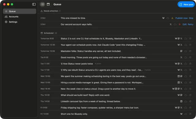 The Statuz queue on a Mac: what needs attention, then every scheduled post